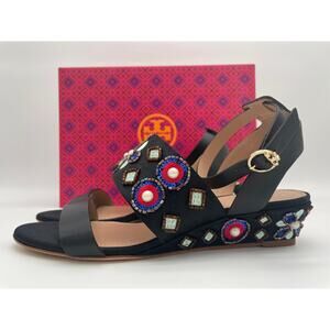 TORY BURCH BEADED BLACK WEDGE SANDALS ANKLE STRAP 7!